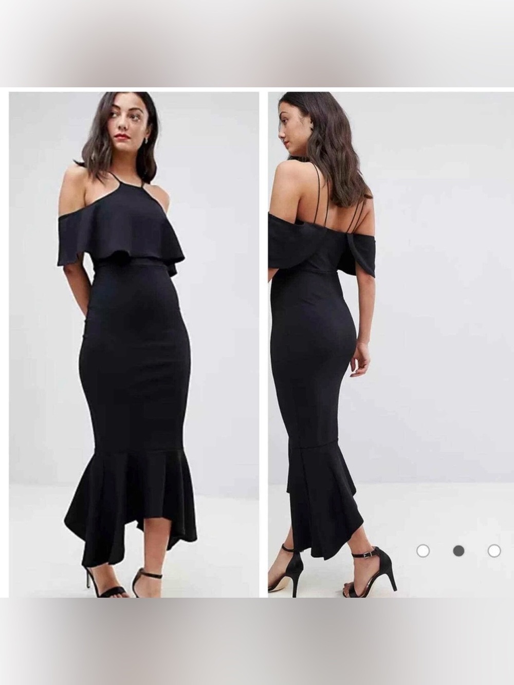 ASOS Women’s Black Cold-Shoulder Ruffle Asymmetric Pephem Midi Dress Size 14 - Picture 3 of 12